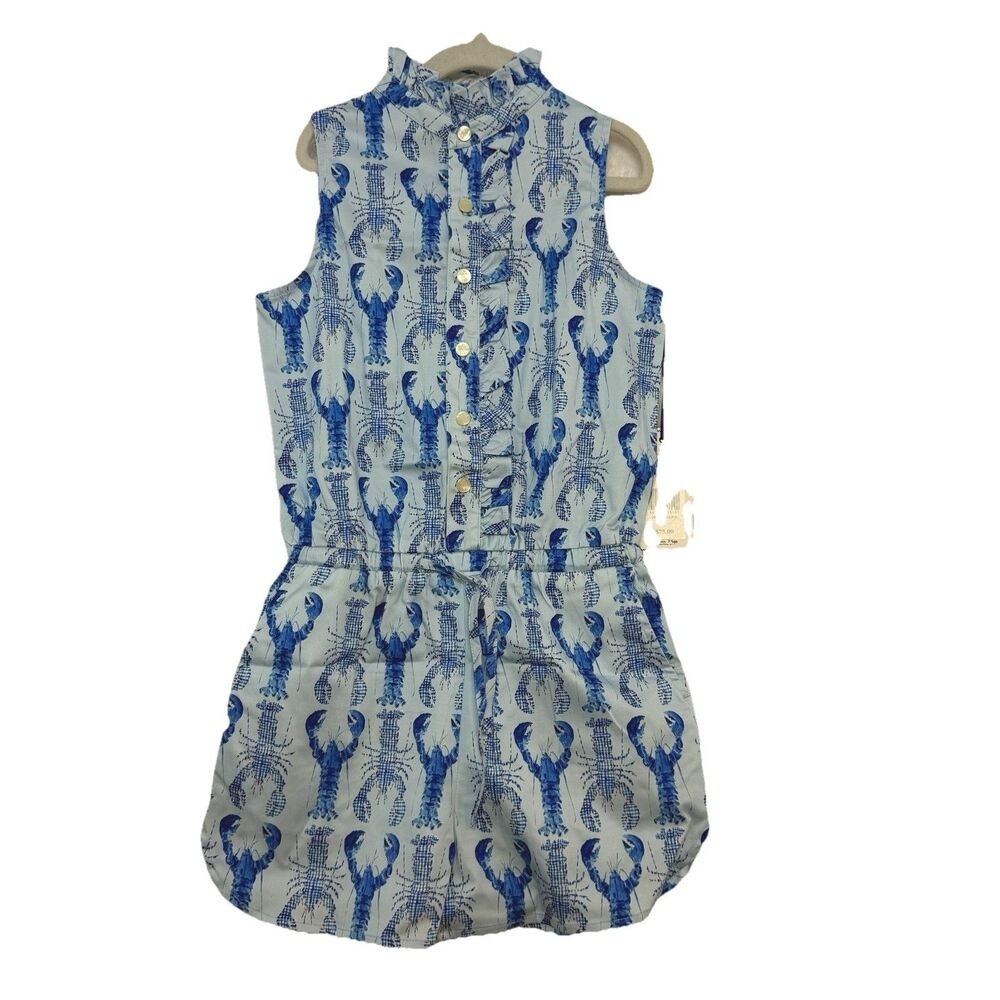NWT Classic Prep Girls 6 Lobster Print Romper Blue Gingham Ruffle Dixie Nautical